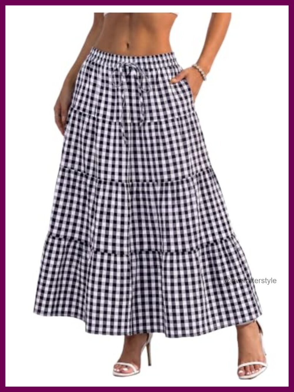 Plaid Gingham Midi Skirt with Pockets High Waisted A-Line Flowy Long Skirt